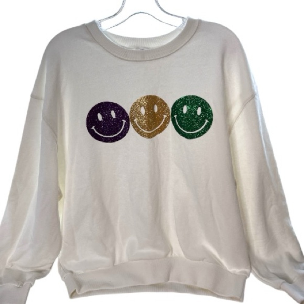 White Mardi Gras Sweat Shirt with Glitter Smiley Face Accent, Size: Large